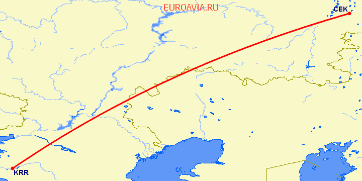 перелет Челябинск — Краснодар на карте