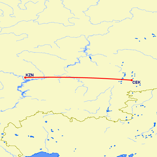 перелет Челябинск — Казань на карте