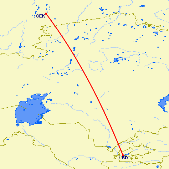 перелет Челябинск — Худжанд на карте