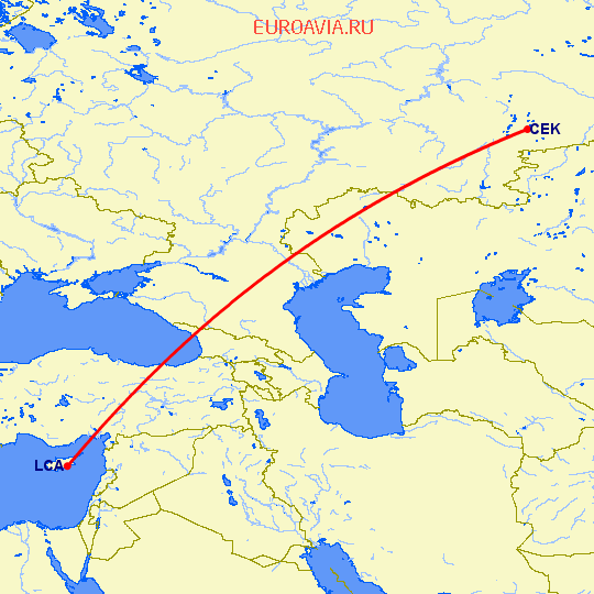перелет Челябинск — Ларнака на карте