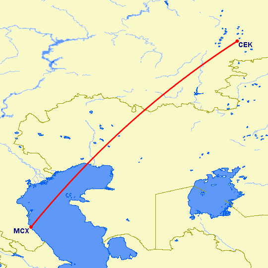 перелет Челябинск — Махачкала на карте