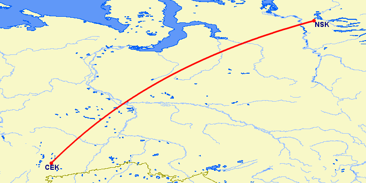 перелет Челябинск — Норильск на карте