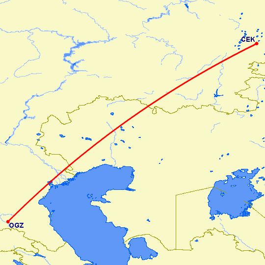 перелет Челябинск — Владикавказ на карте