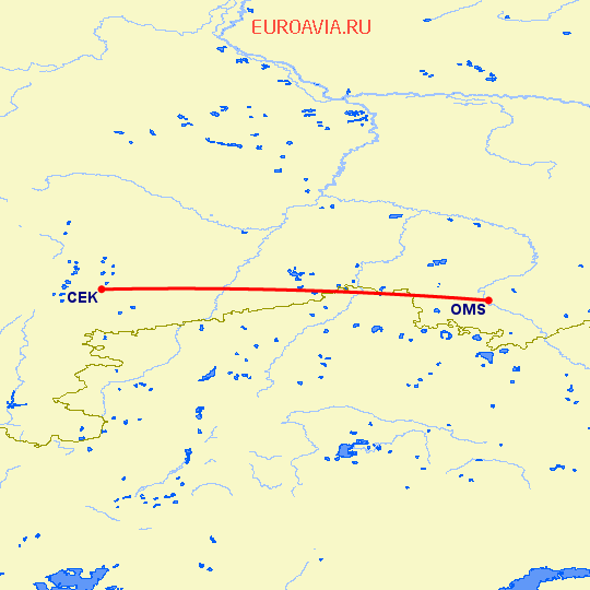 перелет Челябинск — Омск на карте