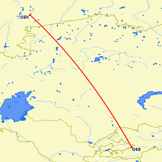 перелет Челябинск — Ош на карте
