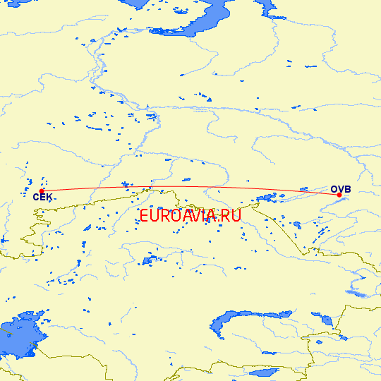 перелет Челябинск — Новосибирск на карте