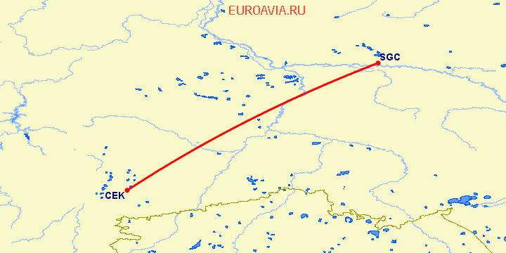 перелет Челябинск — Сургут на карте