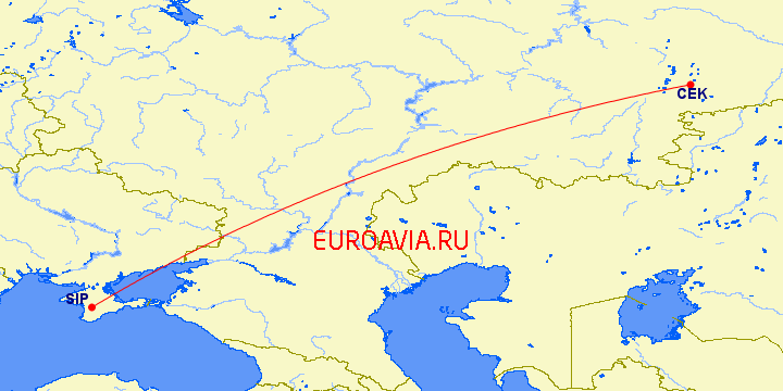 перелет Челябинск — Симферополь на карте