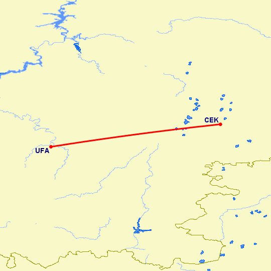 перелет Челябинск — Уфа на карте
