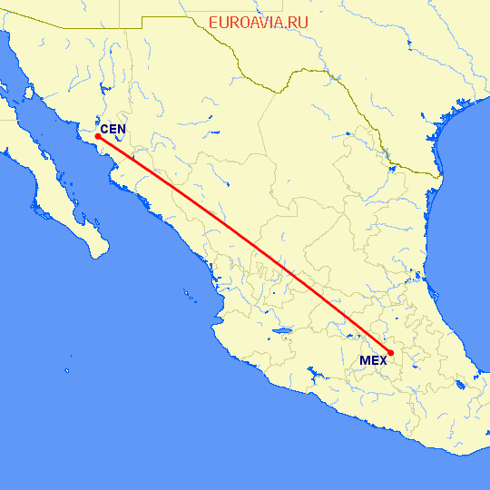 перелет Сьюудад Обрегон — Мексико Сити на карте