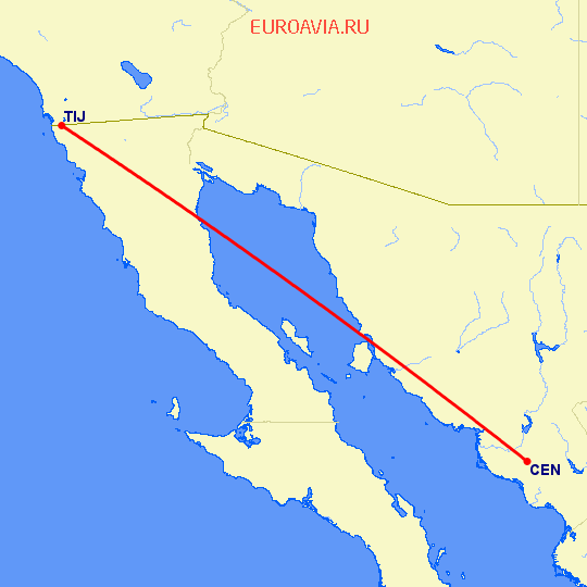 перелет Сьюудад Обрегон — Тихуана на карте