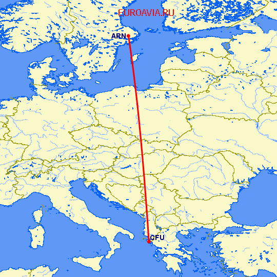 перелет Керкира — Стокгольм на карте