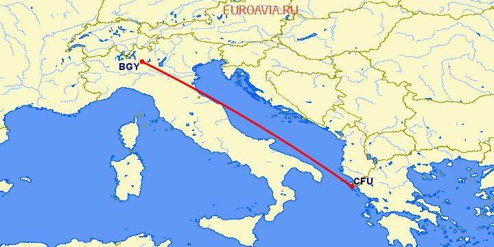 перелет Керкира — Бергамо на карте