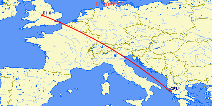 перелет Керкира — Бирмингем на карте