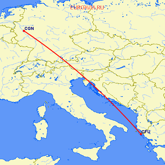 перелет Керкира — Кельн на карте