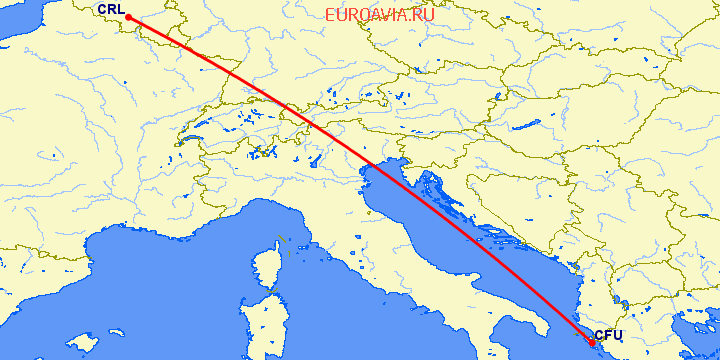 перелет Керкира — Шарлеруа на карте