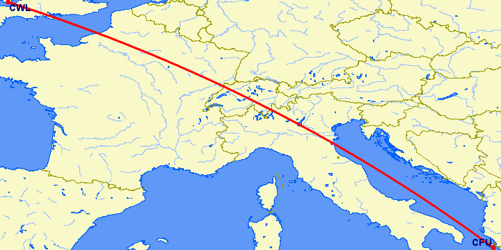 перелет Керкира — Кардифф на карте