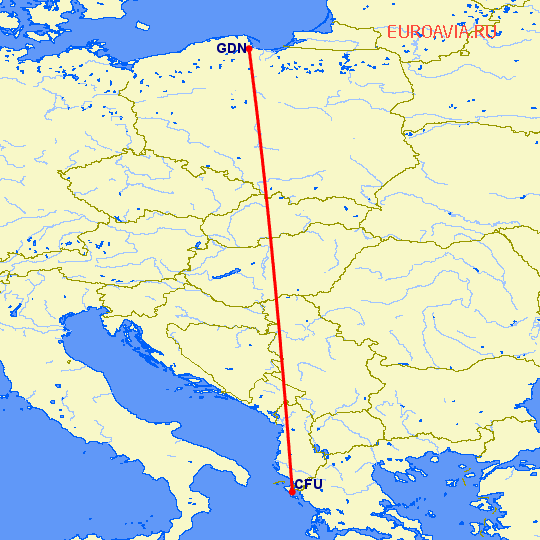 перелет Керкира — Гданьск на карте