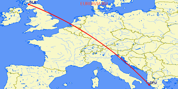 перелет Керкира — Глазго на карте
