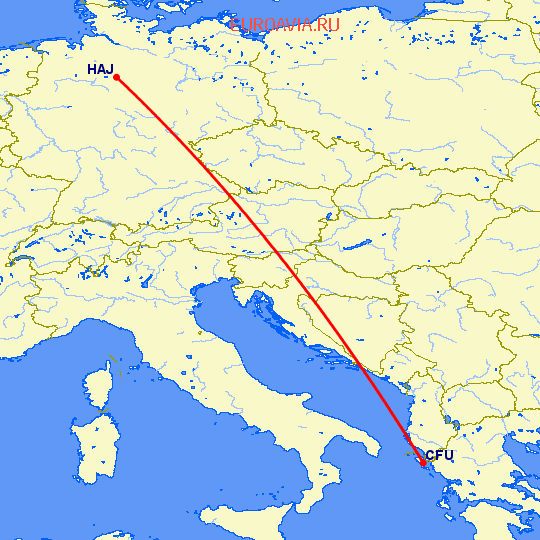 перелет Керкира — Ганновер на карте