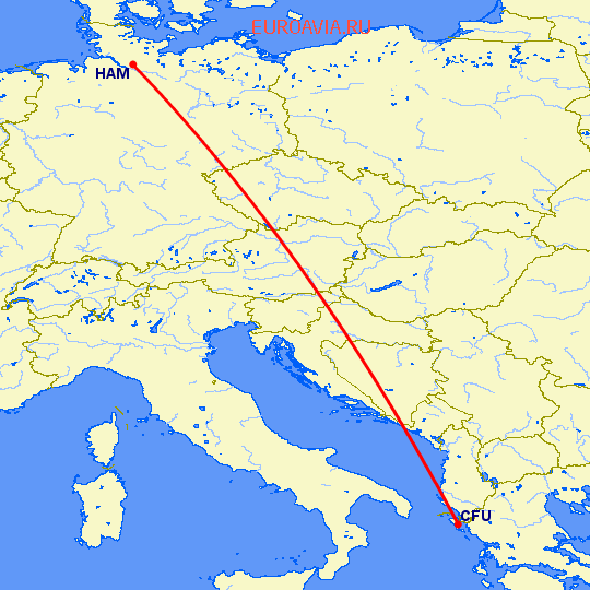 перелет Керкира — Гамбург на карте