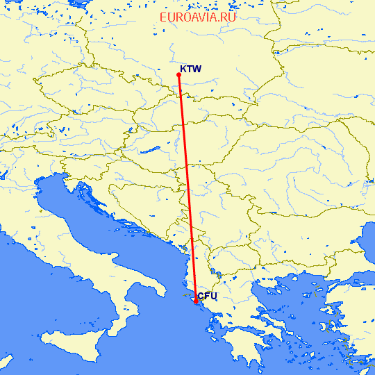 перелет Керкира — Катовице на карте
