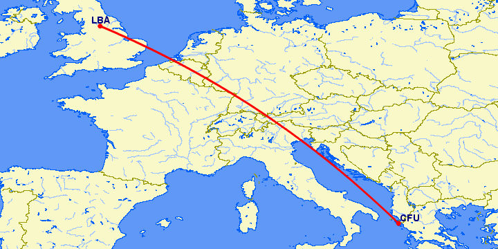 перелет Керкира — Лидс на карте