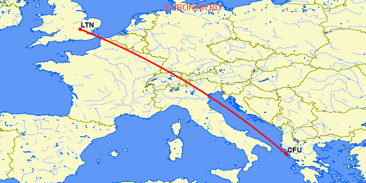 перелет Керкира — Luton на карте