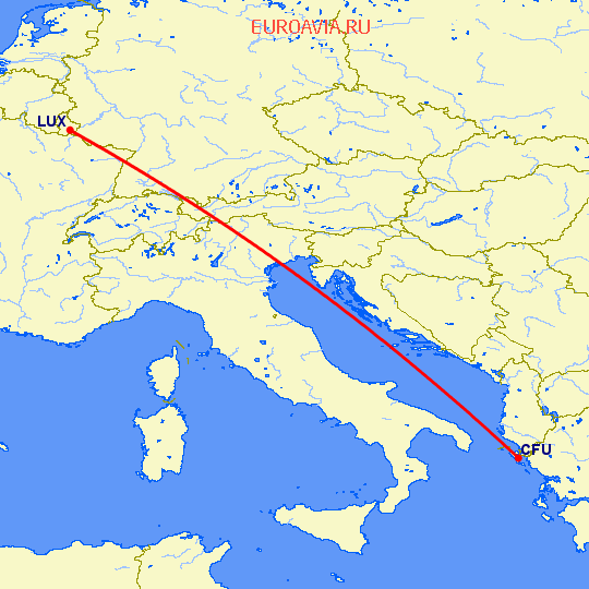 перелет Керкира — Люксембург на карте