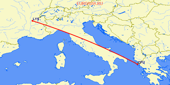 перелет Керкира — Лион на карте