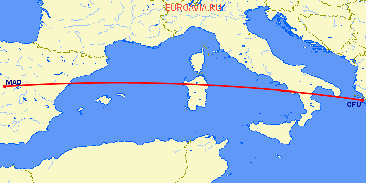 перелет Керкира — Мадрид на карте