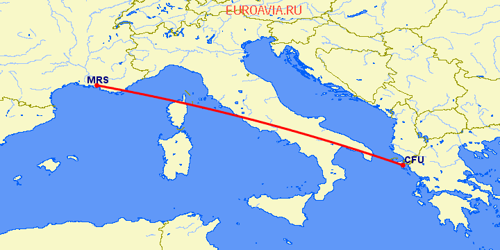 перелет Керкира — Марсель на карте