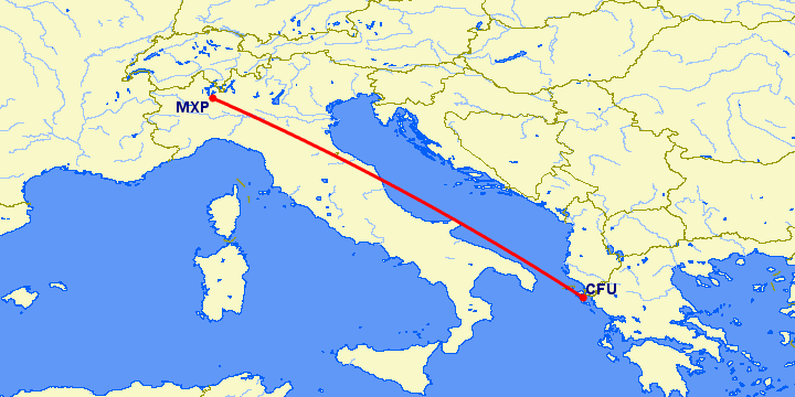 перелет Керкира — Милан на карте