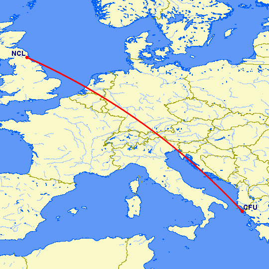 перелет Керкира — Ньюкасл на карте