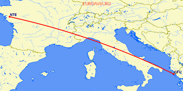 перелет Керкира — Нант на карте