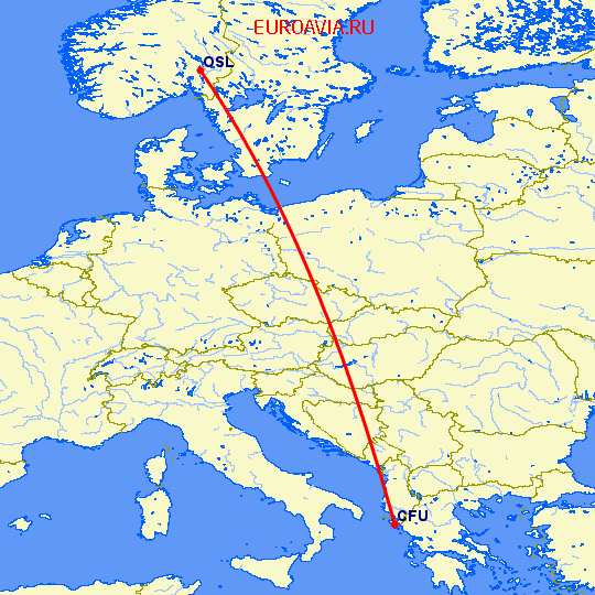 перелет Керкира — Осло на карте