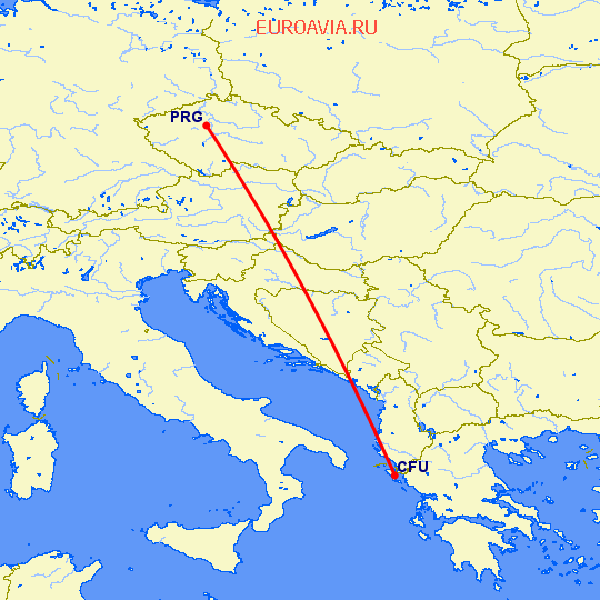 перелет Керкира — Прага на карте