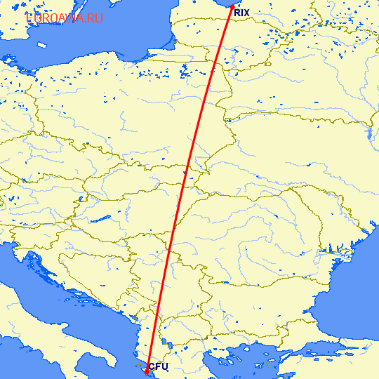 перелет Керкира — Рига на карте