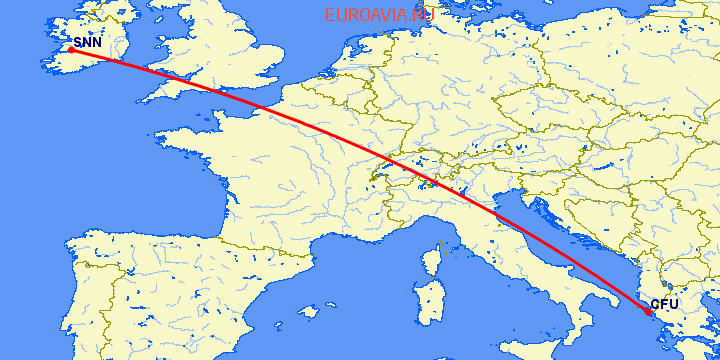 перелет Керкира — Шеннон на карте