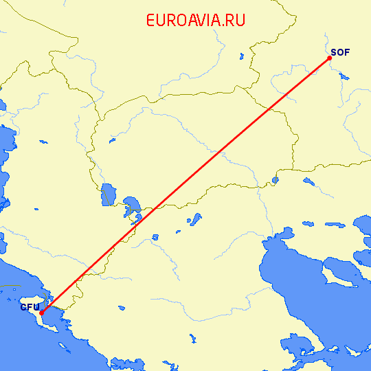 перелет Керкира — София на карте