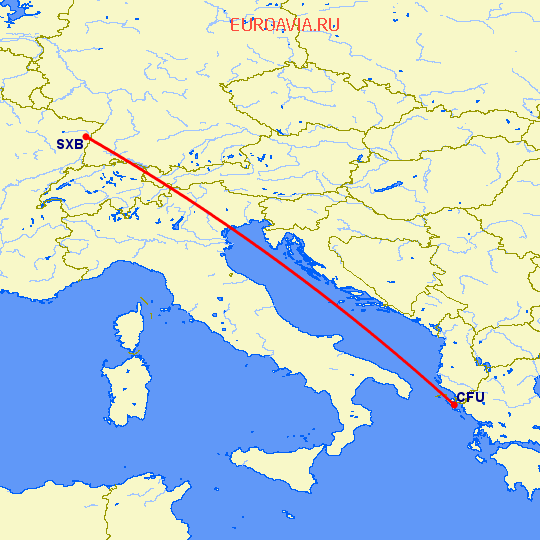 перелет Керкира — Страсбург на карте