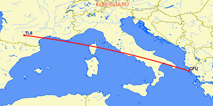 перелет Керкира — Тулуза на карте