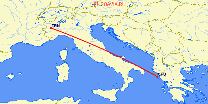 перелет Керкира — Турин на карте