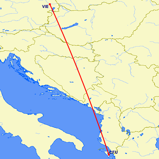 перелет Керкира — Вена на карте