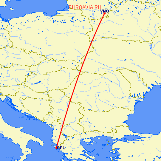 перелет Керкира — Вильнюс на карте