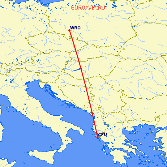 перелет Керкира — Вроцлав на карте