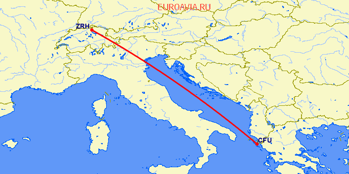 перелет Керкира — Цюрих на карте