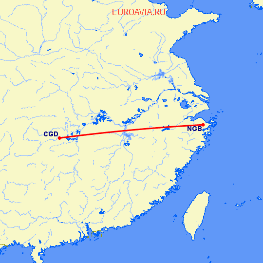 перелет Чандэ — Нинбо на карте