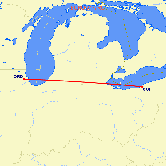 перелет Cleveland — Чикаго на карте