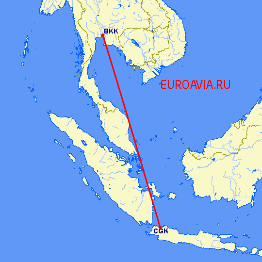 перелет Джакарта — Бангкок на карте